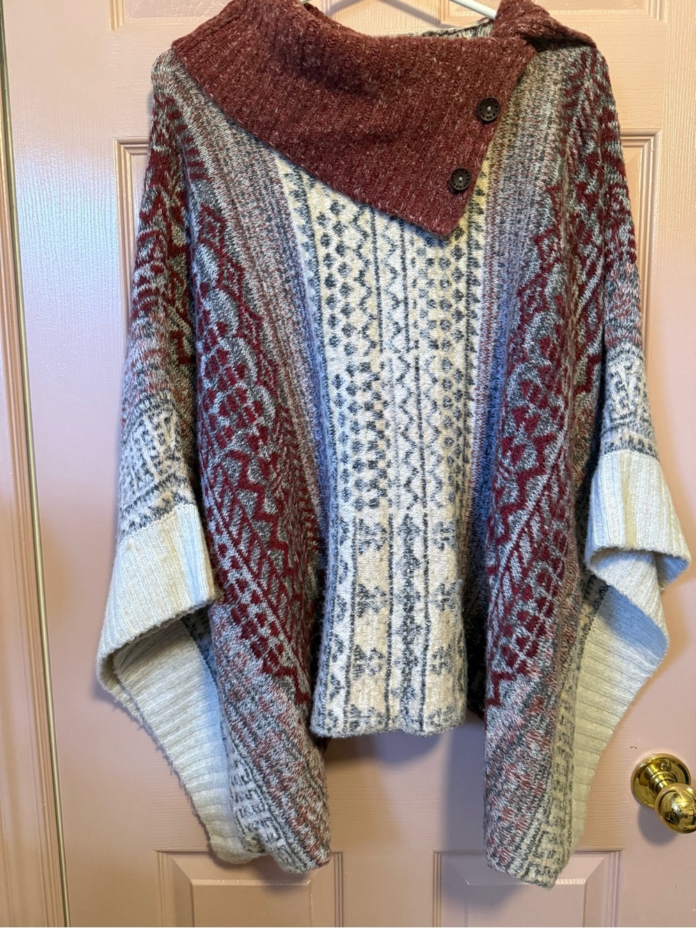 Forever 21 Maroon and Cream Patterned Knit Poncho with Buttoned Cowl